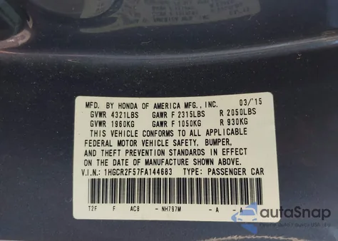 2015 Honda Accord Sport from USA, damaged, VIN 1HGCR2F57FA144683